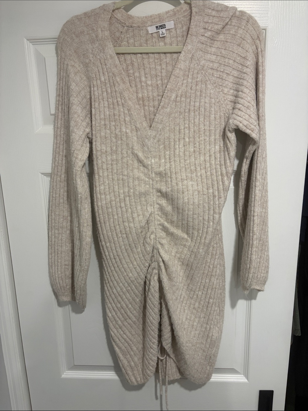 BB Dakota Steve Madden Cream Ribbed V-Neck Drawstring Dress